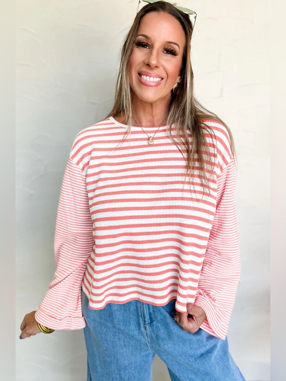 NWT Boutique She + Sky Pink Stripe Textured Contrast Dropped Long Sleeve Top
